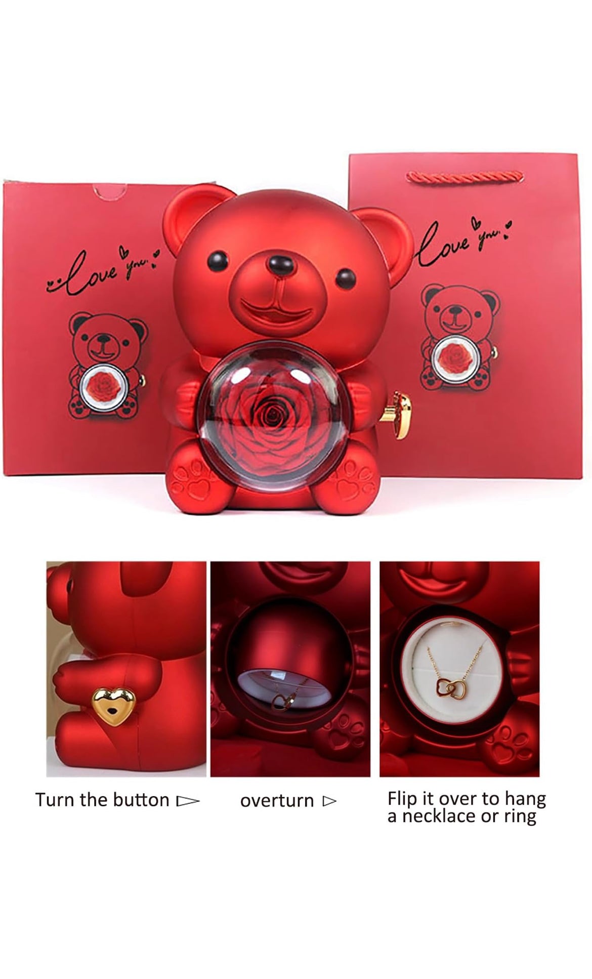 Eternal Rose Teddy Gift Box with Lovely Heart Pendant